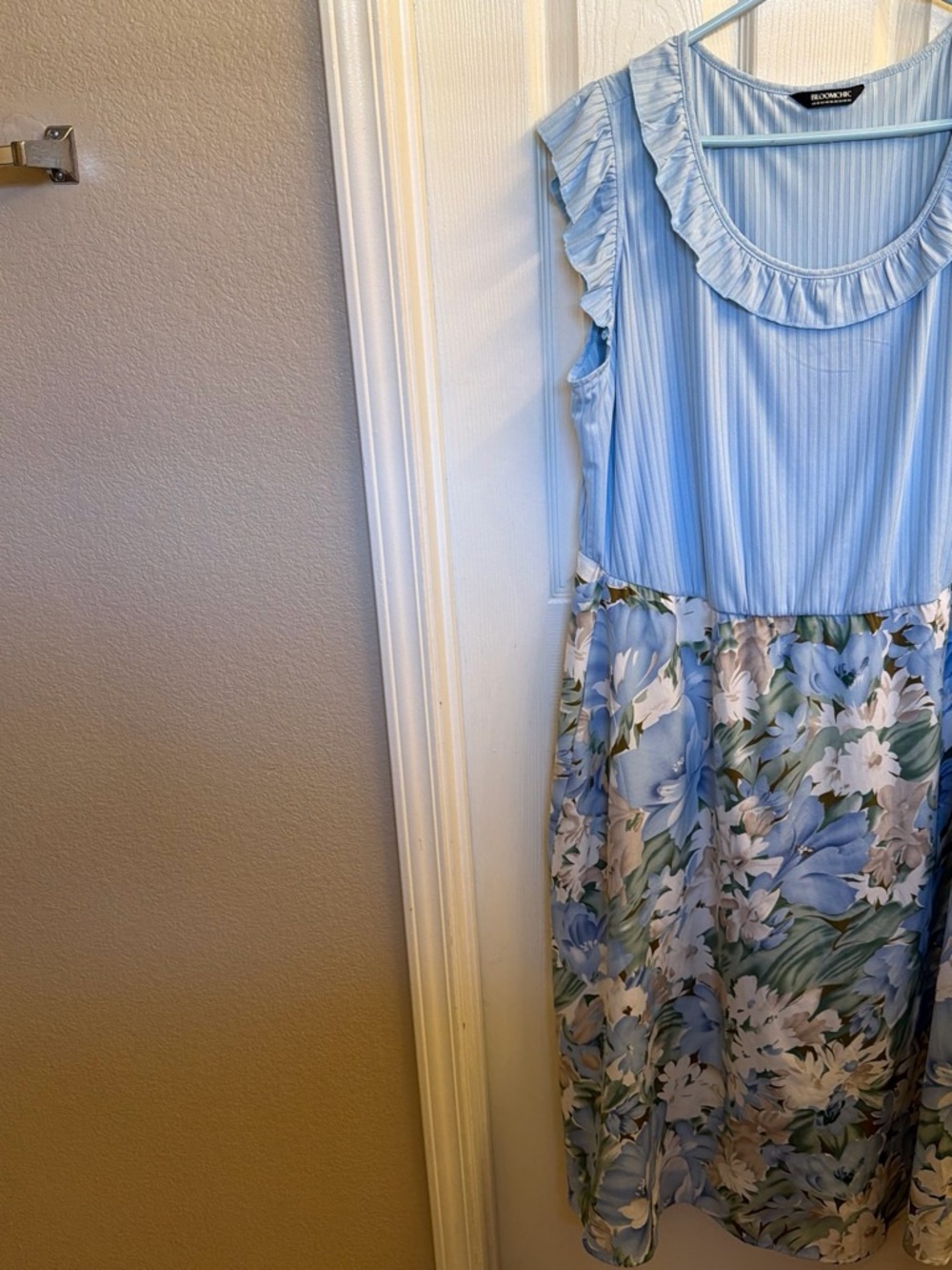 BloomChic Sky Blue Floral Midi Dress with Ruffle Neck